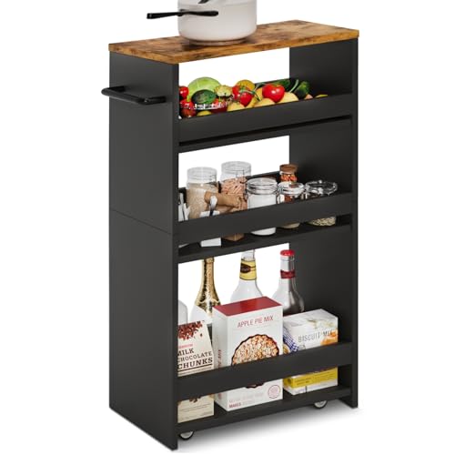 TEAMIX Slim Rolling Storage Cart, Wood 4-Tier Narrow Kitchen/Laundry Cart - color: Black+brown, size: 7-7/8'' W