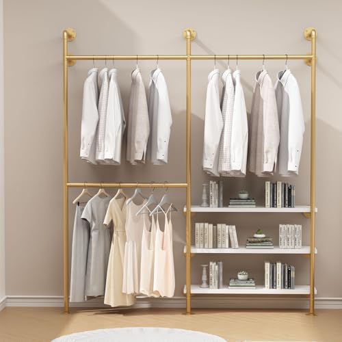 HOMEKAYT Industrial Pipe Clothes Rack with Shelves, Gold Clothing Rack Wall Mounted Heavy Duty Multi-Purpose Storage Clothes Hanging Shelf - 70.8''L Gold - color: gold, size: 70.8''L-B