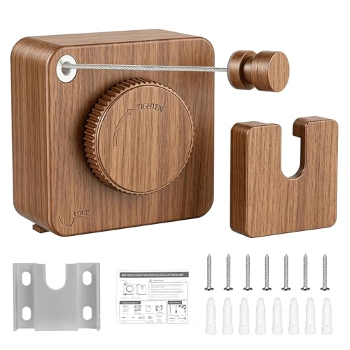 Retractable Clothesline Indoor & Outdoor, Non-Sagging Heavy Duty Retracting Laundry Drying Line, Wall Mounted Stainless Steel Clothes Line - 16.7 Ft (Wood‑Toned) - color: Wood‑toned