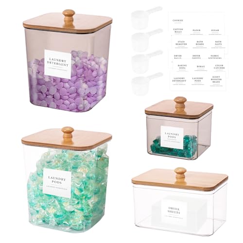 4 Pack Laundry Pods Container,Clear Dryer Sheet Holder & Laundry Room Organization and Storage with Lids, Scoops & Labels for Laundry Detergent, Powder, Dryer Balls, Beads (Mix Colors) - color: Mix Colors