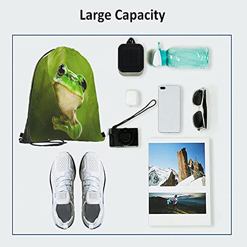 Green Frog Drawstring Bags Backpack Bag Cute Animal Little Funny Wildlife Tree Leaves Nature Black Big Eyes Sport Gym Sack Drawstring Bag String Bag Yoga Bag for Men Women - color: Multi-a04
