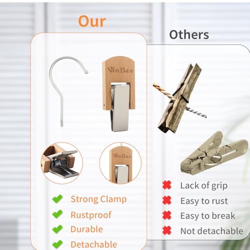 VinBee 6Pcs Laundry Hooks Clips Hanger Wooden Laundry Clips with Hooks Closet Organizer Clamps Clothes Clips Laundry Hanging Clips Towel Clips for Socks, Boot, Bras Bathroom Wardrobe Kitchen, Black