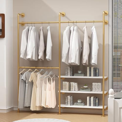 HOMEKAYT Industrial Pipe Clothes Rack with Shelves, Gold Clothing Rack Wall Mounted Heavy Duty Multi-Purpose Storage Clothes Hanging Shelf - 70.8''L Gold - color: gold, size: 70.8''L-B