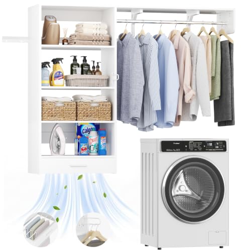 Armocity 60" Wall Mounted Laundry Room Organization with Pull-Out Towel Rack, 5FT Over Washer and Dryer Shelves with Hanging Rod and Storage Shelf, Wood Laundry Room Organization and Storage, White - color: White