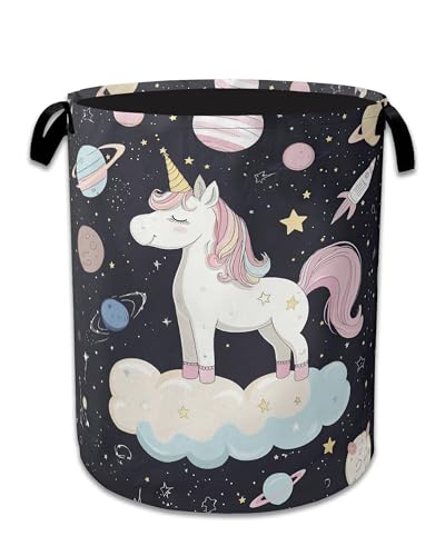 Cute Unicorn Laundry Basket,Foldable Oxford Cloth Planet Laundry Hamper with Handles, 20.8"x16" Tote Bag Clothes Storage Bucket for Laundry Room/Bathroom/Bedroom/Dormitories - color: Cute Unicorn Planet