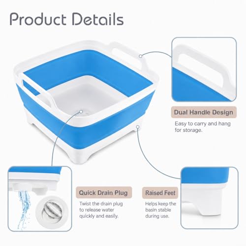 Collapsible Dish Basin with Drain Plug, Foldable Wash Basin 2.4 Gal (9L) - color: Blue