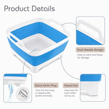 Collapsible Dish Basin with Drain Plug, Foldable Wash Basin 2.4 Gal (9L) - color: Blue