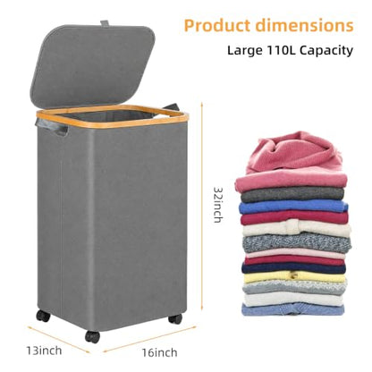 Slim Laundry Hamper with Wheels 110L with Removable Wash Bag Grey - color: Grey, size: 110L