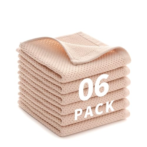 Cotton Dish Towels 6 Pack,12x12 Inch – Super Absorbent, Quick-Dry & Reusable Kitchen Cleaning Cloths, Lint-Free Washable Towels for Dishes, Glass & Household Use(Beige) - color: Beige(6pack), style: honeycomb