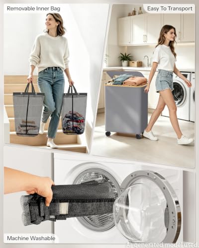 Double Laundry Basket with Wheels and Lid, 150L Clothes Hampers for Laundry - color: Gray, size: 150L