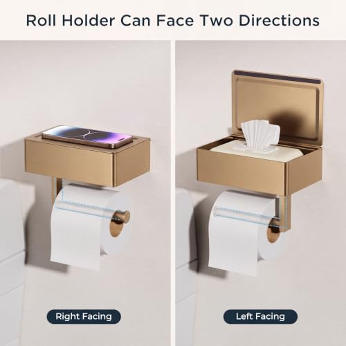 FORIOUS Toilet Paper Holder with Shelf, Wall-Mounted Modern Wipes Dispenser - color: Champagne Bronze, size: Big 1 Pack-8" (L)