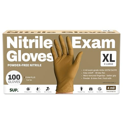 SUP Powder-Free Nitrile Exam Gloves, 100/1000 Ct Food Safe Latex-Free Disposable Glove Medical Cooking Cleaning Food Prep Tan - color: 100 X-large (Trail Tan)