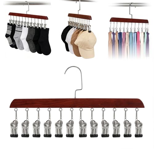 1Pack Space Saving Hanging Clothes Organizer, Wooden Pants Hanger 12-Clip - color: Vintage Colors