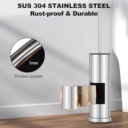 Silver Toilet Brush and Holder Set，Stainless Steel Heavy Duty Toilet Bowl Brush，Extra Long Handled Modern Toilet Cleaner Brush with Replaceable Head, Removable Inner Bowl, and Splash Protection - color: Silver