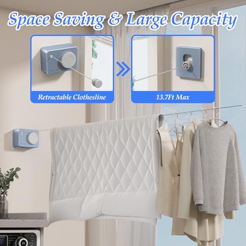 Danpoo Retractable Clothesline Heavy Duty - 13.8ft Adjustable Tension Wall Mounted Indoor Outdoor Clothes Drying Line, Compact Laundry Rope with Pulley System (Blue) - color: Blue