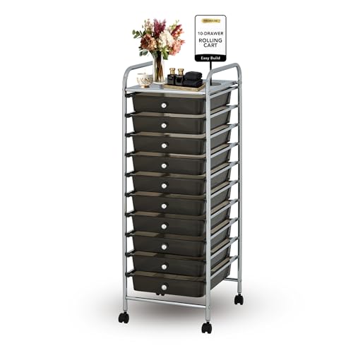Display By Jack Rolling Storage Cart 10 Drawer Organizer with Black Drawers, Slim 36" Chrome Frame, Locking Wheels, and Top Shelf for Office, Classroom, Bathroom, or Craft Storage - color: BLACK