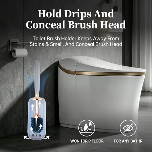 Toilet Brush and Holder Set, Toilet Bowl Brush with Long Handle, High-End Modern Silicone Toilet Brush Set, Non-Scratch Hygienic(Matte White + Silver, A),Father's Day - color: Matte White + Silver