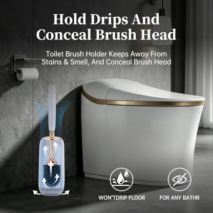 Toilet Brush and Holder Set, Toilet Bowl Brush with Long Handle, High-End Modern Silicone Toilet Brush Set, Non-Scratch Hygienic(Matte White + Silver, A),Father's Day - color: Matte White + Silver