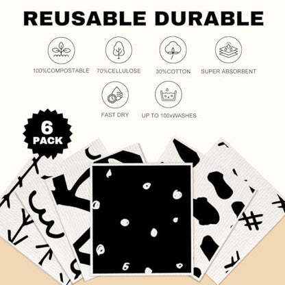 6 Pack Swedish Dishcloths Black White Kitchen Towels 12 - color: Multi 1513