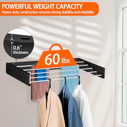 FOCHIER F Laundry Drying Rack Wall Mounted Clothes Drying Rack Collapsible with 5 Aluminum Rods and Drilling Template Long Screwdriver Bit 60 lbs Capacity (Black, 40") - color: Black, size: 40"