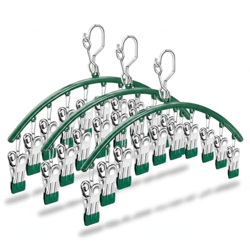 Stainless Steel Sock Drying Rack with 10 Clips 3-Pack, Windproof Laundry Hanger with Non-Slip Clips, Space Saving for Underwear Bras Socks Indoor Outdoor Use (Green) - color: Green