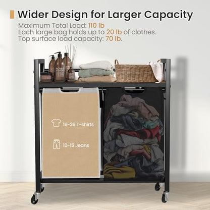 SwaaVee Laundry Sorter, Laundry Hamper with Wooden Top Shelf, 2×14.5Gal(110L), Metal Frame laundry basket with wheels, Pull out and Removable Laundry Bags, 2 Bags-Black Grey - color: Black-Grey