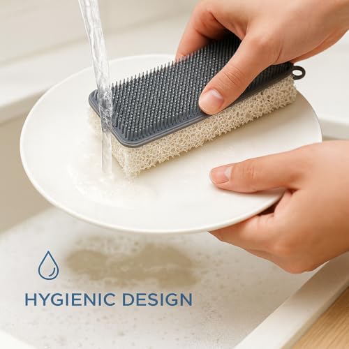 Silicone Sponge & Scrubber – 2-in-1 Non-Scratch Dishwashing for Dishes, Pots & Pans, Reusable Kitchen Sponge with Soft Bristles & Foam (Dual-Sided Design) (Gray/White)