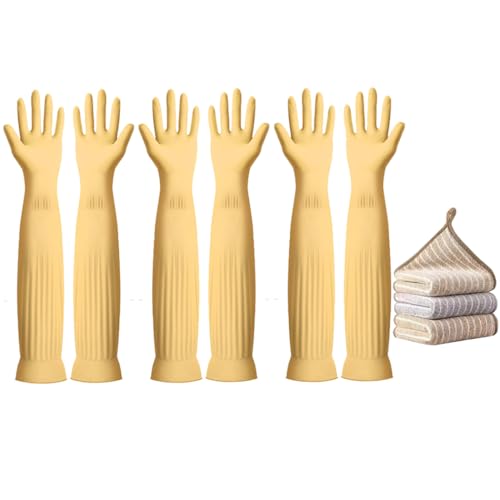 3-Pair 17.8-Inch Elbow-Length Reusable Rubber Waterproof Household Cleaning and Kitchen Dishwashing Gloves - Large Size - color: （pack of 3）, size: Large
