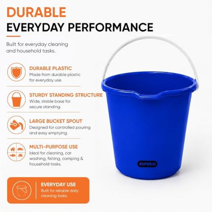 Superio 2.75 Gallon Bucket, Plastic Cleaning Pail with Handle, Car Wash Bucket, Small Utility Bucket for Mopping, Fishing, Camping & Household Use, Durable, Blue - 6 Pack - color: Blue, size: 6 Pack