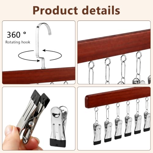 2 Pack Hanging Closet Organizer with 12 Clip, Wooden Pants and Leggings Hangers with 360° Rotating Hook, Space-Saving Vertical Rack for Jeans, Skirts, Scarves and Socks