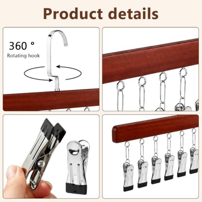 2 Pack Hanging Closet Organizer with 12 Clip, Wooden Pants and Leggings Hangers with 360° Rotating Hook, Space-Saving Vertical Rack for Jeans, Skirts, Scarves and Socks