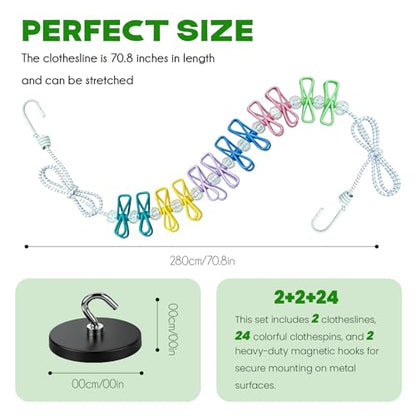 2 Pack Magnetic Retractable Clothes Line for Cabin - Approved 2026 Cruise Essentials Clothes Drying Rack Travel Clothesline with Clothespins - Strong Magnets Hooks RV and Camping