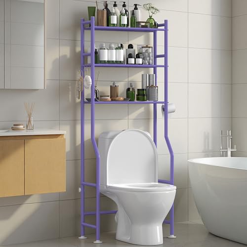 3-Tier Over The Toilet Storage Organizer, Space-Saving Bathroom Rack with Paper Holder & 4 Hooks, 64" Tall Freestanding Carbon Steel Shelf for Small Apartment Laundry Room (Purple) - color: E-purple