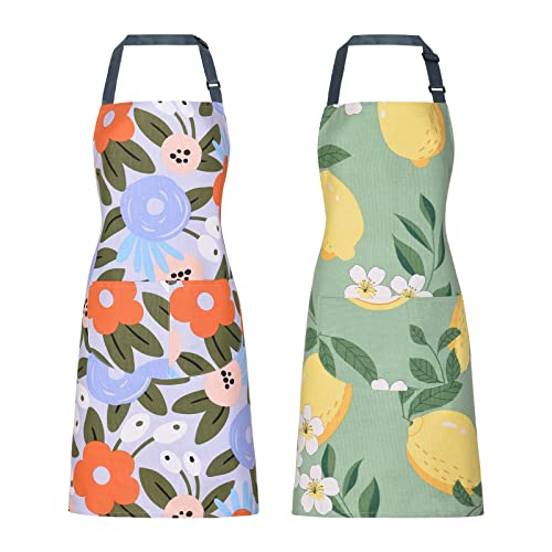 2 Pack Floral Apron for Women with Pockets, Adjustable Cotton Chef Aprons for Kitchen, Cooking, BBQ & Grill - color: Yellow/Lemon