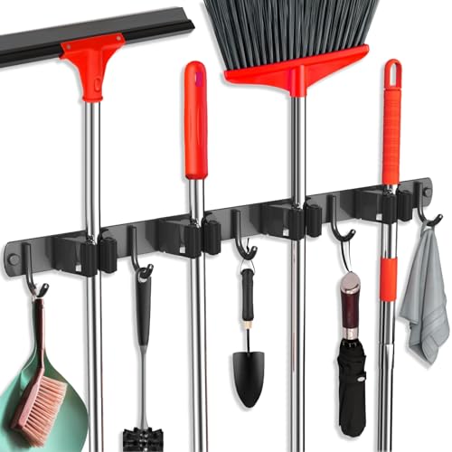Mop and Broom Holder Wall Mount, Upgraded Broom Hanger Wall Mount, Stainless Steel Broom Organizer for Closet Garage Laundry Room Kitchen Wall Decor(4Racks 5Hooks Black) - color: Black, size: 1Pack 4Racks 5Hooks