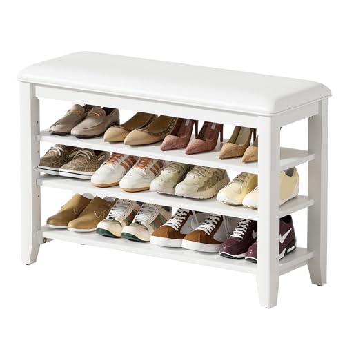 Taitiy Shoe Bench with 3 Tier Adjustable Shelves Rubberwood Entryway 31.5'' - color: White, size: 31.5''