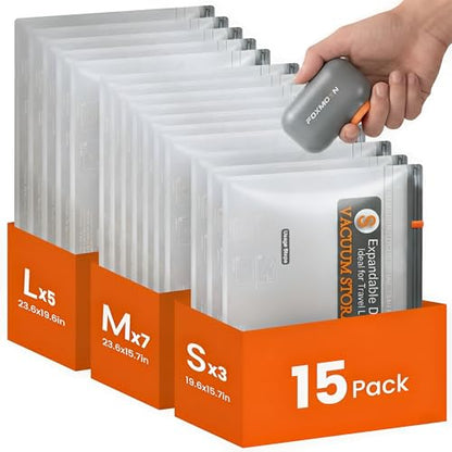 Vacuum Bags for Clothing Travel with Rechargeable Electric Pump, 15 Pack Compression Vacuum Storage Bags for Luggage and Seasonal Storage, Space Saver Seal Bags for Cruise and Vacation - size: 15 Pack Travel Size