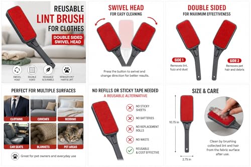 Reusable Lint Brush for Clothes, Double Sided Pet Hair Remover Brush with Swivel Head, Fabric Lint Remover for Couch, Furniture, Bedding and Upholstery