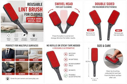 Reusable Lint Brush for Clothes, Double Sided Pet Hair Remover Brush with Swivel Head, Fabric Lint Remover for Couch, Furniture, Bedding and Upholstery