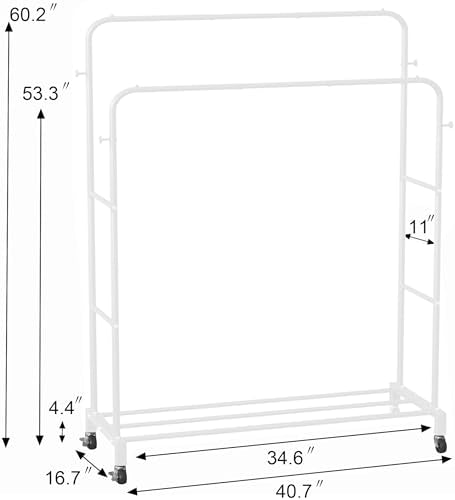 Sooyee Double Rod Clothing Rack with Wheels,3 Tier Garment Racks for Hanging Clothes,Portable Clothes Rack with 4 Hooks for Bedroom,Laundry Room,White - color: White