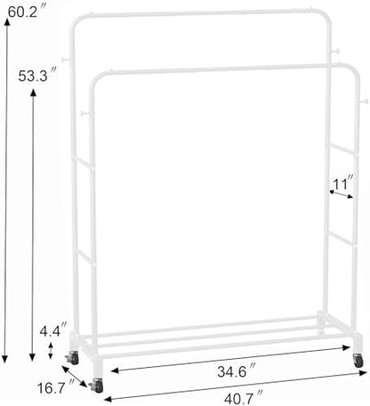 Sooyee Double Rod Clothing Rack with Wheels,3 Tier Garment Racks for Hanging Clothes,Portable Clothes Rack with 4 Hooks for Bedroom,Laundry Room,White - color: White