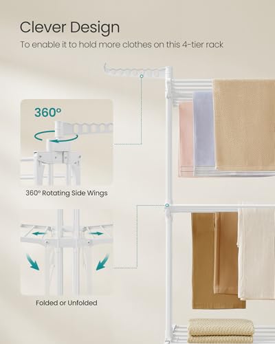 SONGMICS 4-Tier Clothes Drying Rack, Foldable, Rolling, 66.6-Inch Tall - color: White + White, style: 4-Tier
