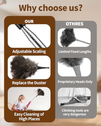 Ostrich Feather Duster, 18-48 Inch Extendable Feather Duster with Natural Fluffy Ostrich Feathers, Dusters for Cleaning Ceiling Fans, Blinds, High Ceilings, Furniture, Cars, Washable & Reusable - color: Ostrich Feather Color