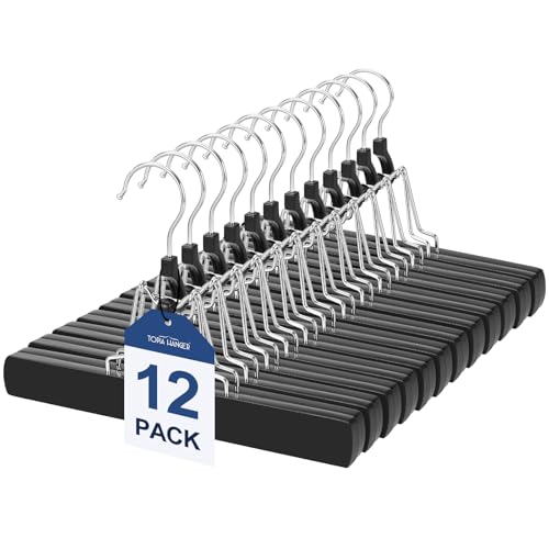 TOPIA HANGER 12 Pack Wooden Pants Hangers, Hair Extension Hangers Non Slip Skirt Hanger Wood Clamp with Velvet Padded 360° Swivel Hook for Jeans, Skirts, Trousers, Wigs CT67B - color: Black, size: 12 Pack