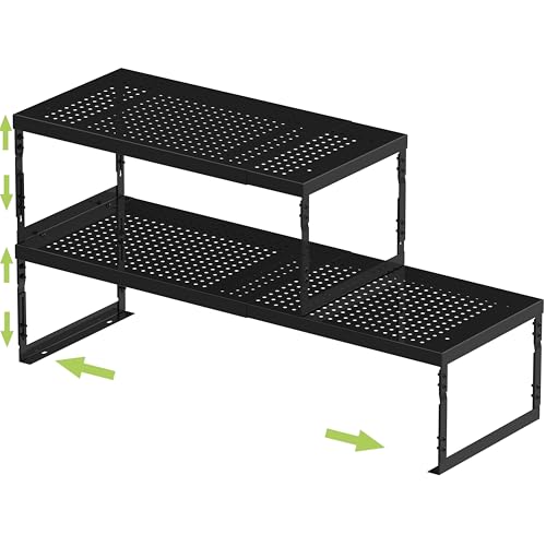 Jojocross Adjustable Stackable Metal Storage Shelf Organizer - Expandable Wire Rack with Perforations for Kitchen, Pantry, Bathroom, Cabinet & Office-Compact, Durable & Sturdy (2PACKS/Medium/Black) - color: 2packs/Medium/Black, size: Medium