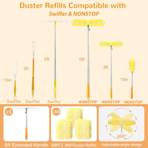 6 ft Long Handle Extendable Duster with 50 Refills for Swiffer Duster, Heavy Duty 360° Microfiber Dusting Kit for High Ceilings, Ceiling Fans, Tall Windows, and Hard-to-Reach Areas - color: 50 Refills & 1 Long Handle
