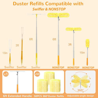 6 ft Long Handle Extendable Duster with 50 Refills for Swiffer Duster, Heavy Duty 360° Microfiber Dusting Kit for High Ceilings, Ceiling Fans, Tall Windows, and Hard-to-Reach Areas - color: 50 Refills & 1 Long Handle