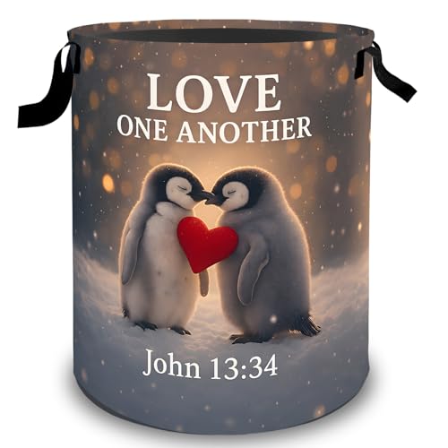Penguin Heart Laundry Basket Hamper, Organizer Bins Gifts for Women Kids, Snow Animal Art Foldable Waterproof Clothes Hamper Handles Storage Bucket for Bedroom Bathroom Room Decor 19.7"x15.7" - color: Penguin