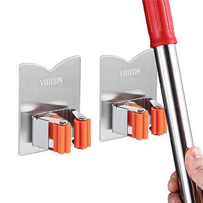 Broom Holder Wall Mount, 2 Pack Orange Stainless Steel Mop and Broom Organizer, Heavy Duty 15 Lbs Self Adhesive Tool Hanger, No Drill V-Shape Broom Hooks for Garage, Kitchen, Bathroom