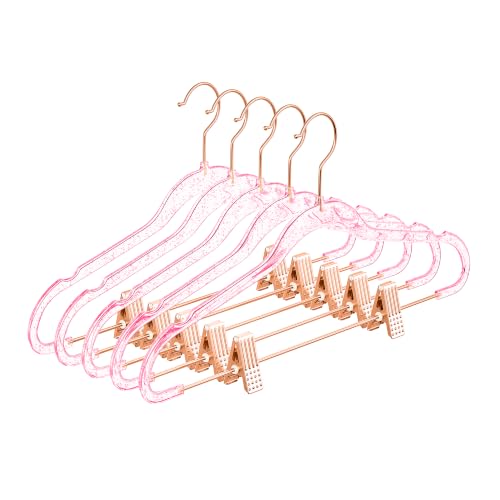 MIZGI Slim Rose Gold Glitter Pants & Skirt Hangers (20 Pack) - Adjustable Rose Gold Clips & Hooks, Pink Transparent Non-Felt, Space-Saving for Dresses, Shirts, Blouses - color: Pink Glitter/Rosegold, size: 20-Pack